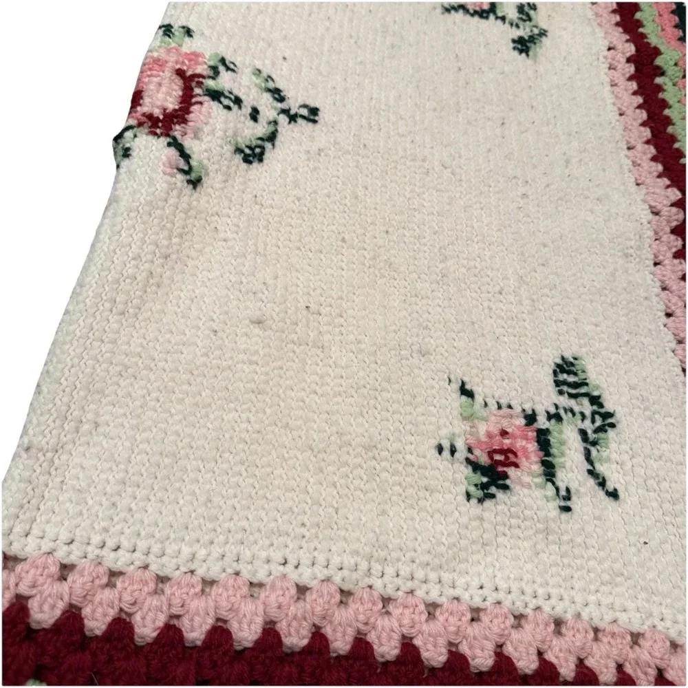 Vintage Handmade Crochet Afghan Blanket Floral Pink Green Fringe Throw 45x52